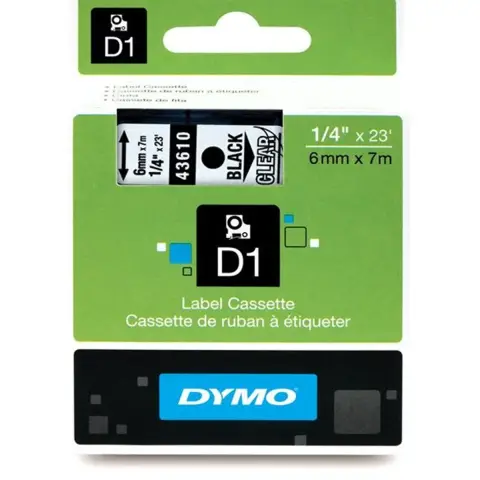 Dymo taĹ›ma do drukarek etykiet, D1 43610 | 6mm x 7m | czarny / przezroczysty